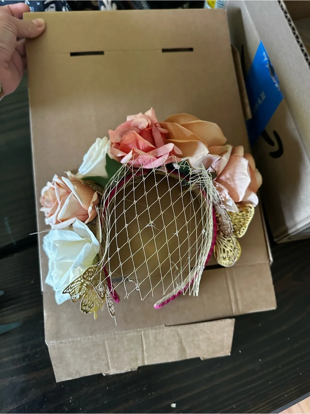 Floral Butterfly Headband/fascinator with Veil - Pink, Peach, Ivory. never worn!
